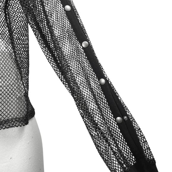 Love J Women's Black Fish Net Snap Button Long Sleeve Sheer Hoodie Cover Up Sz L - Picture 3 of 5